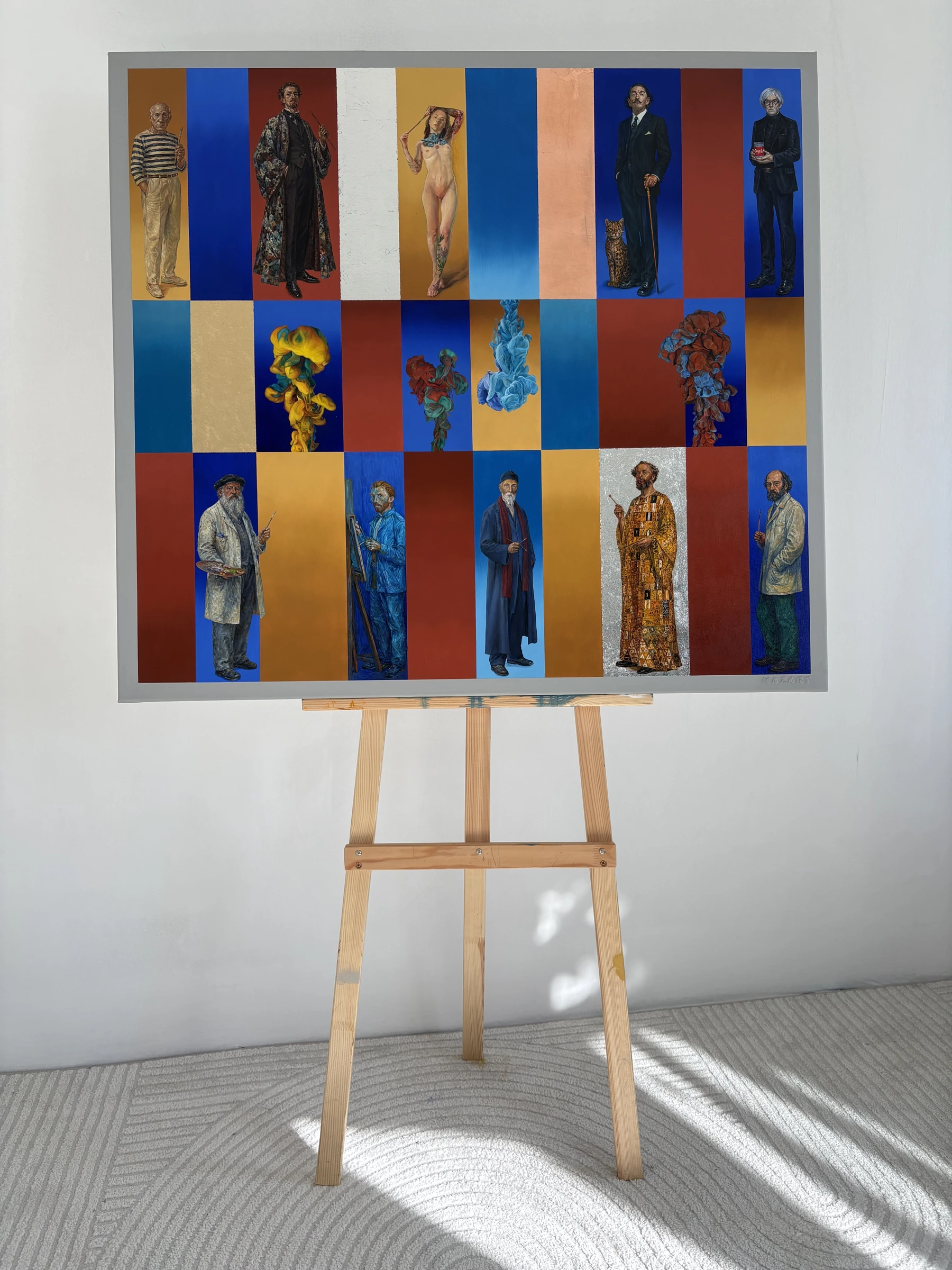 Final Belonginess, with ten figures and bursts of colour arranged across a grid of doorways